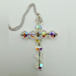 Vintage AB Crystal Beaded Cross Pendant and Sterling Silver Necklace